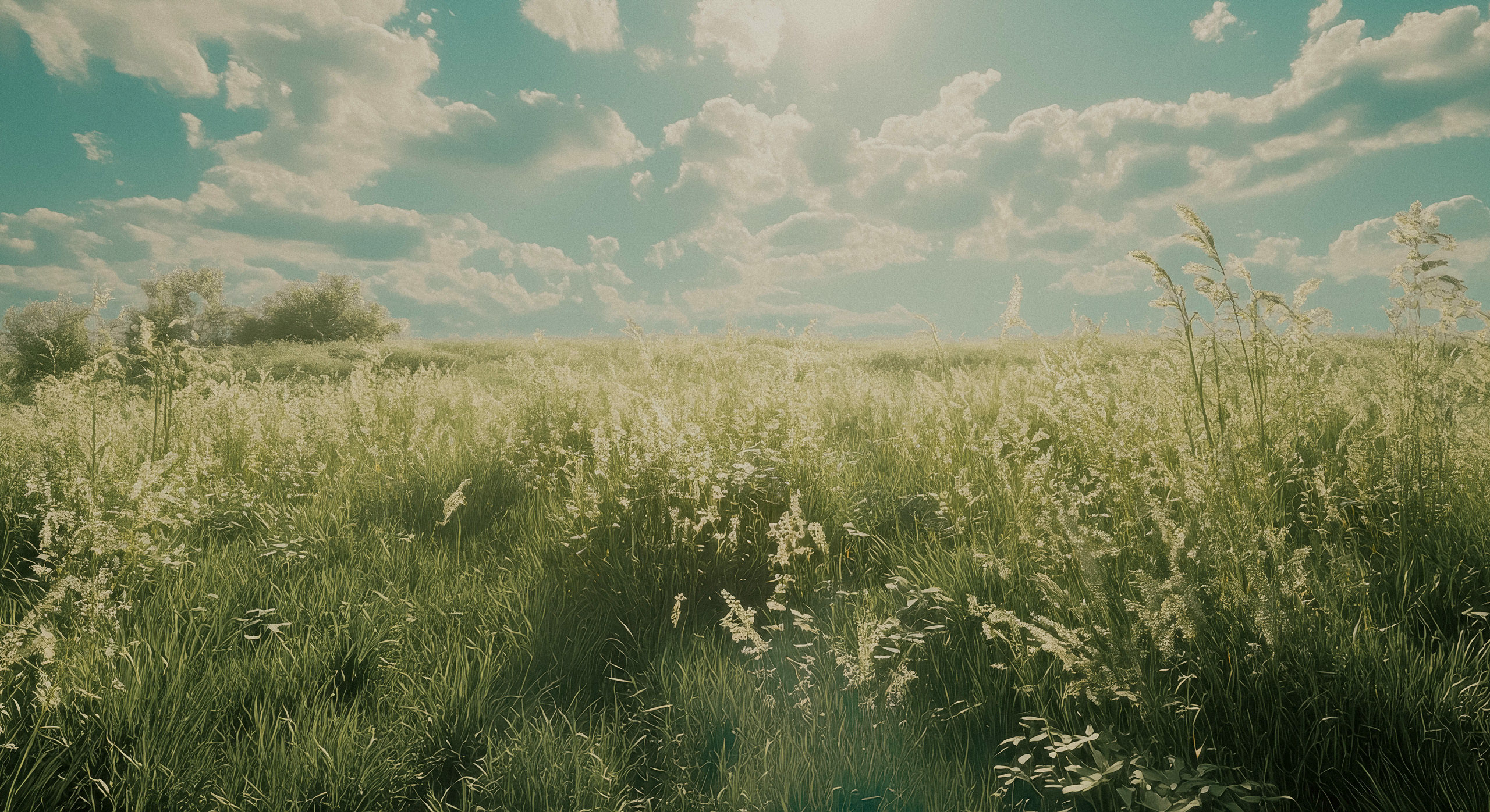 Eine saftig grüne Wiese in gleißender Sonne.