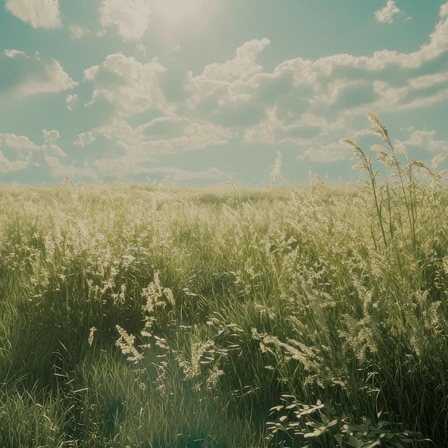 Eine saftig grüne Wiese in gleißender Sonne.